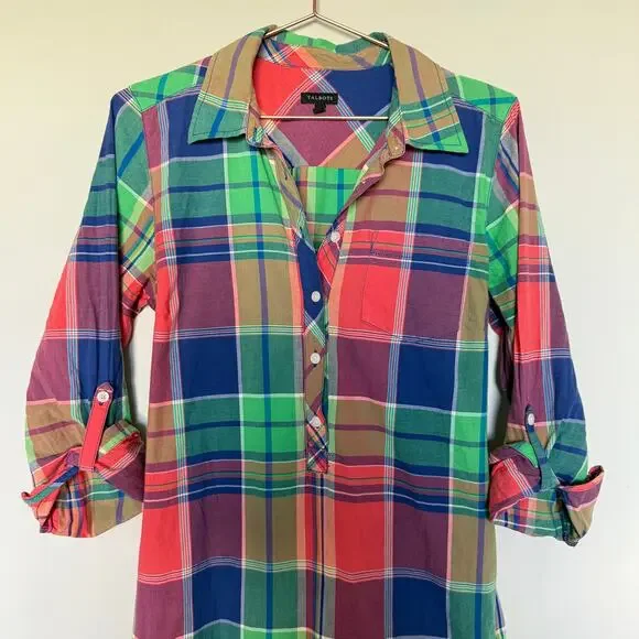 Talbots Womens Madras Shirt Dress 10 Belted Colorful Patchwork Career Teacher - Picture 3 of 7